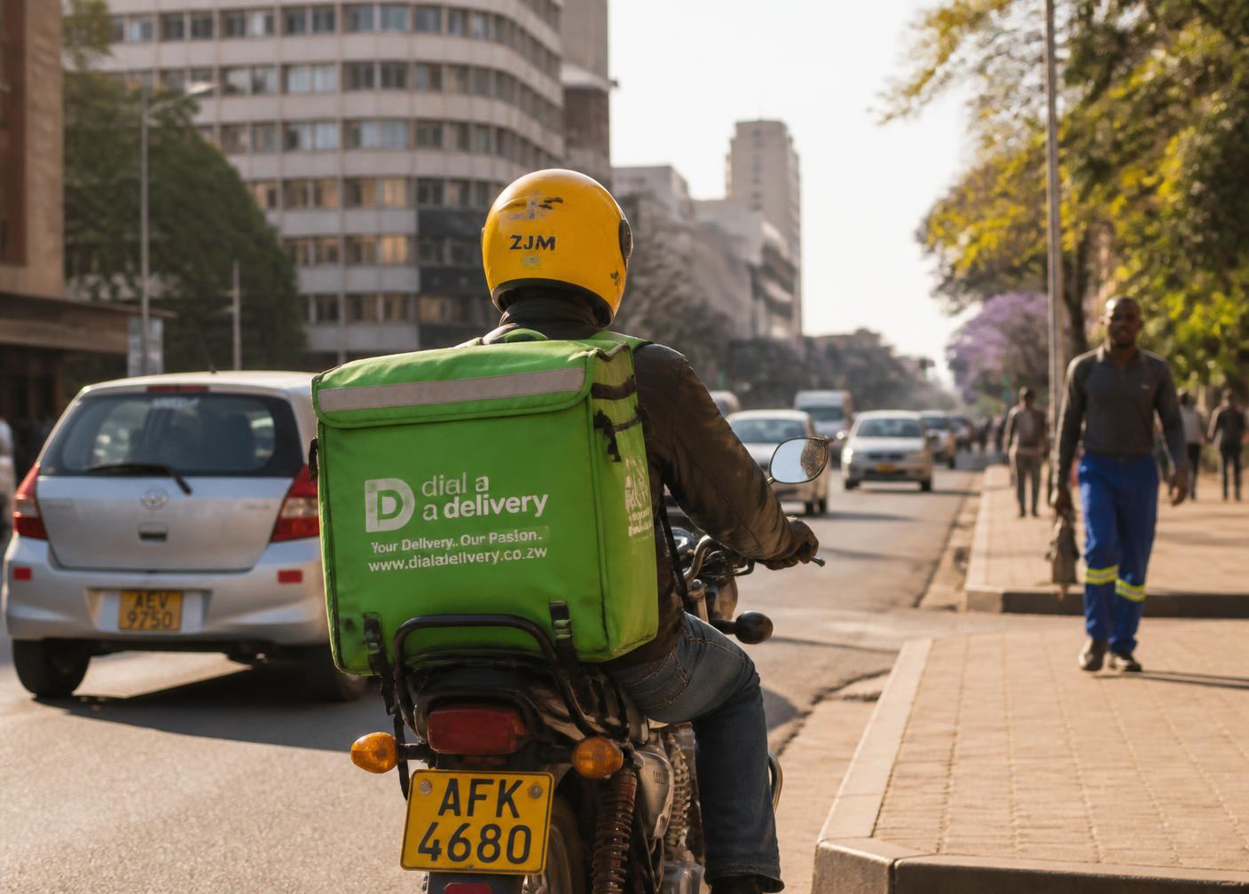 Zvingo delivery rider on a motorbike in Harare traffic
